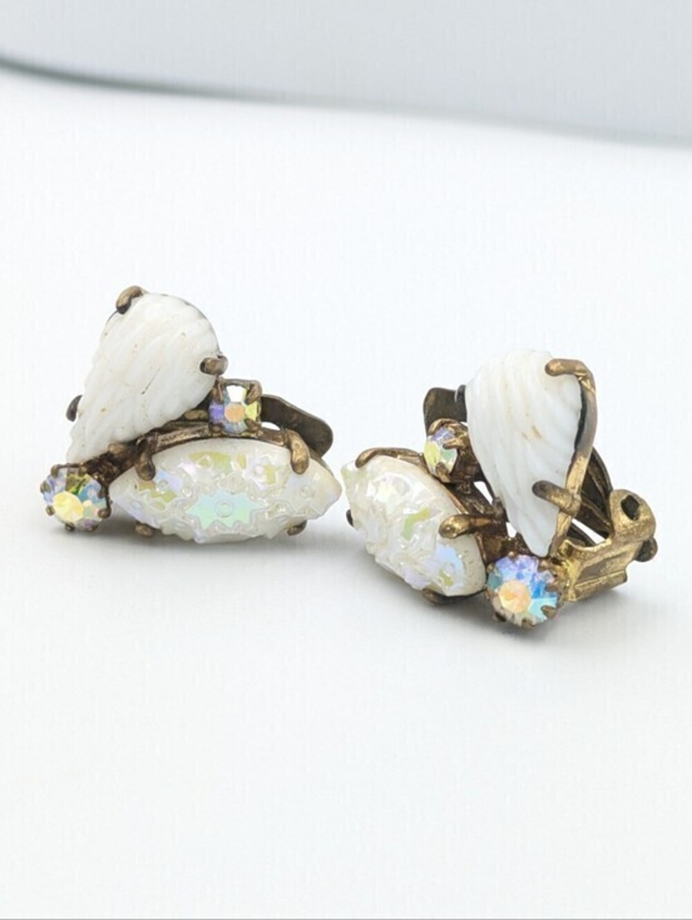 Vintage clip-on earrings white opalescent and AB aurora borealis rhinestones